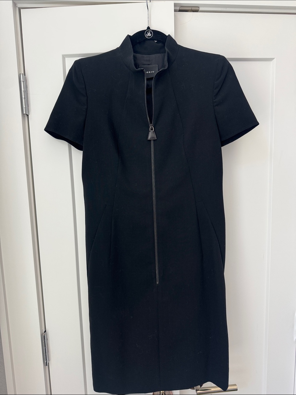 Akris Black Short-Sleeve Zip-Front Midi Dress with Stand Collar